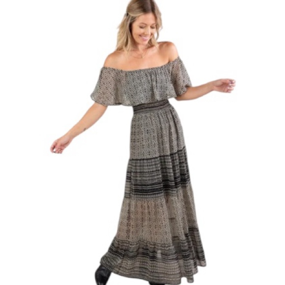 NWT Lovestitch Off-Shoulder Black and Cream Maxi Dress
